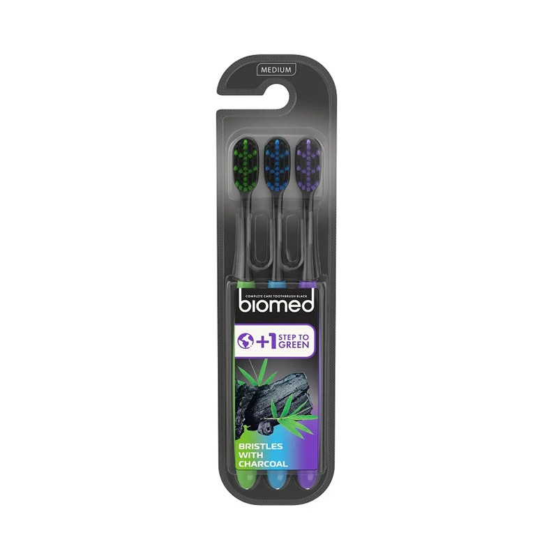 BIOMED TRI PACK CEPILLO DENTAL BRISTLES WITH CHARCOAL MEDIUM